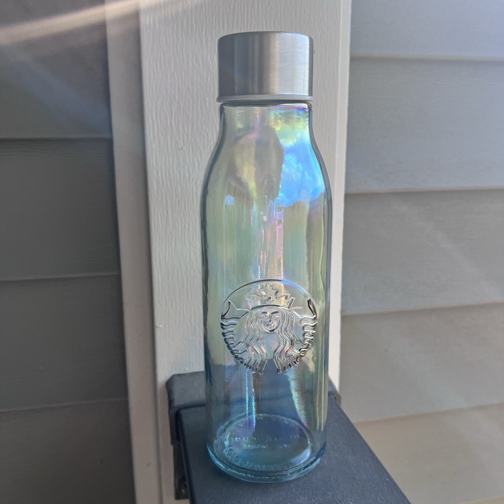 Starbucks 20 oz Iridescent Blue Glass Water Bottle Siren Logo Stainless Lid